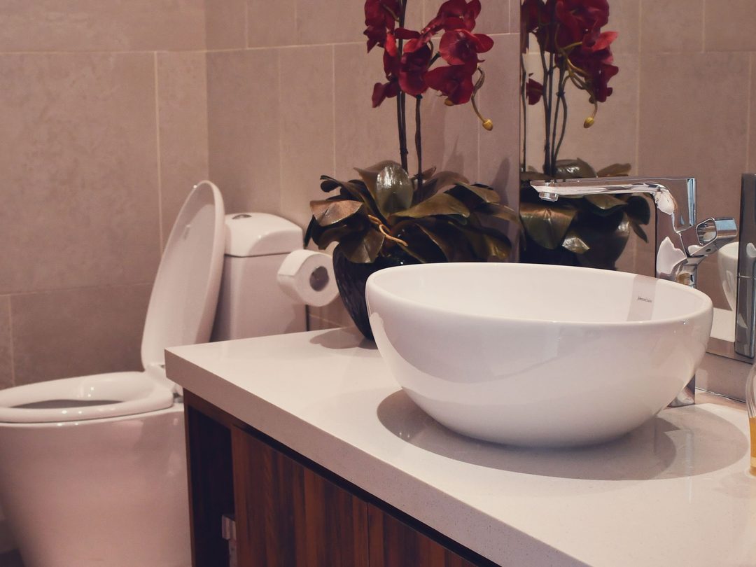 Bathroom vanity with vessel basin and orchids