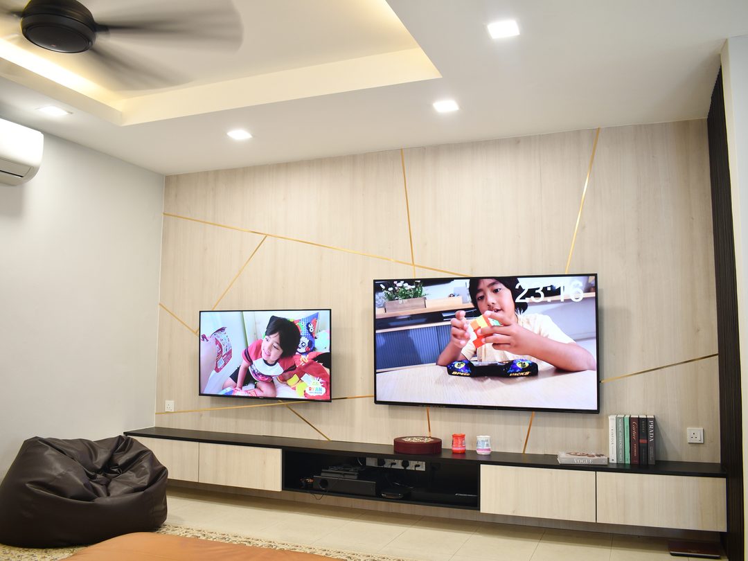 Media wall with layered timber panelling