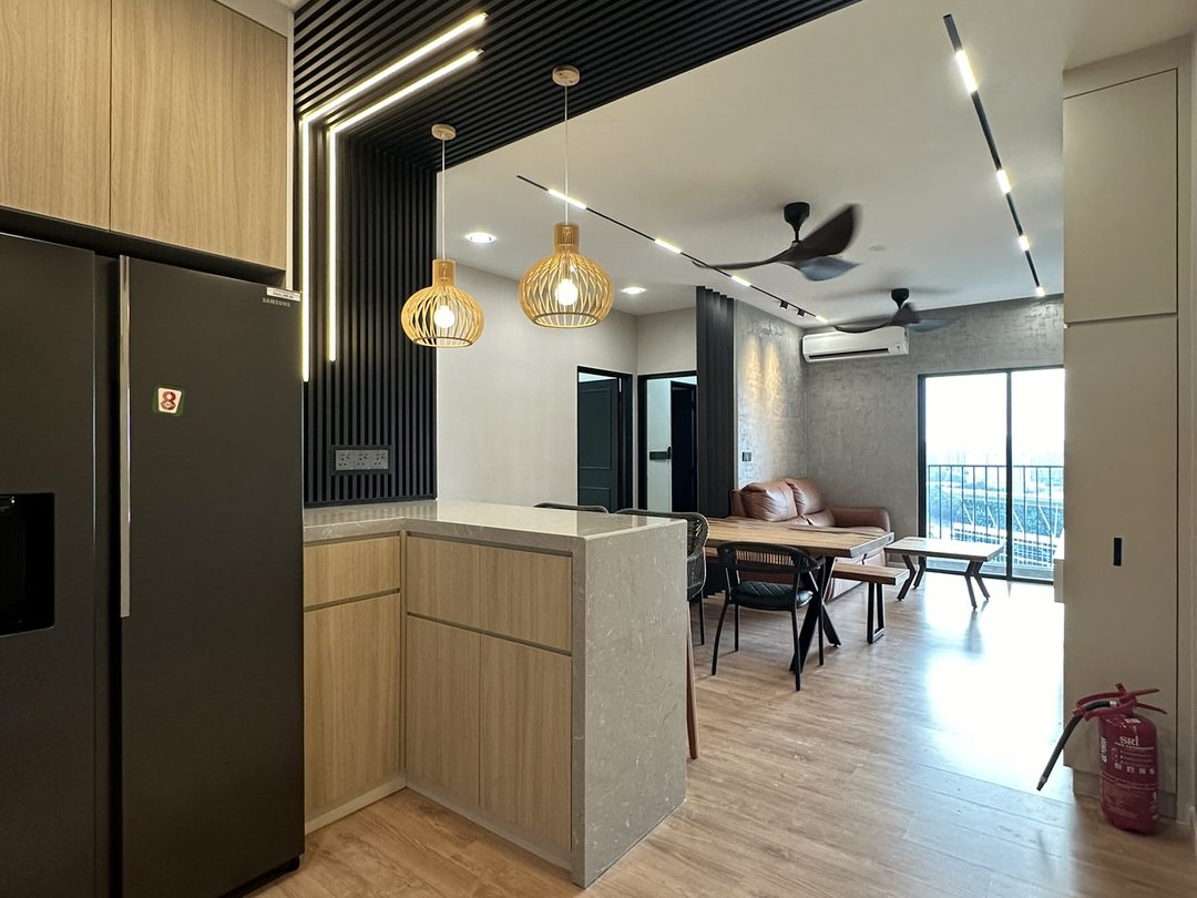 Open-plan view across kitchen and dining
