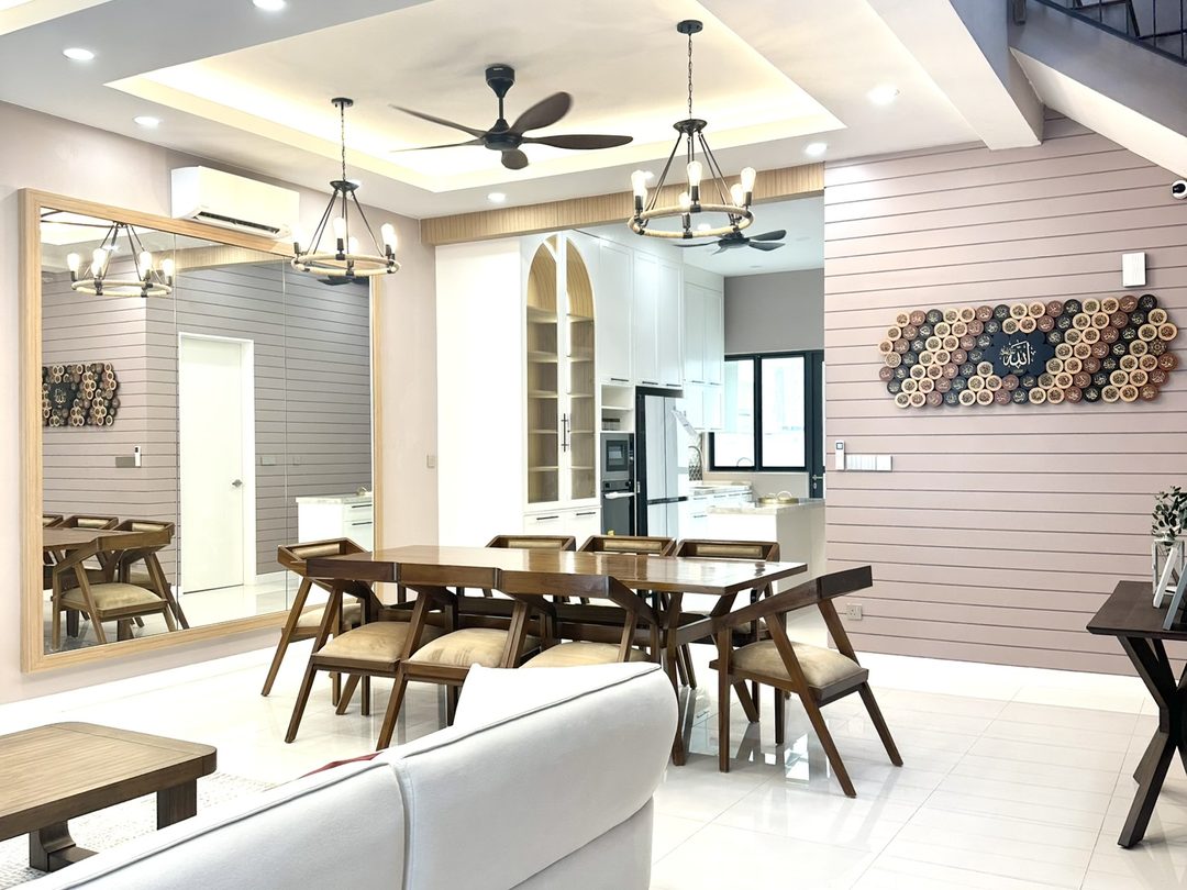 Open-plan living and dining interior design with a blush slatted feature wall, Jardin Residence