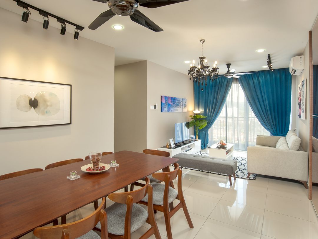 Dining area with timber table and grey banquette