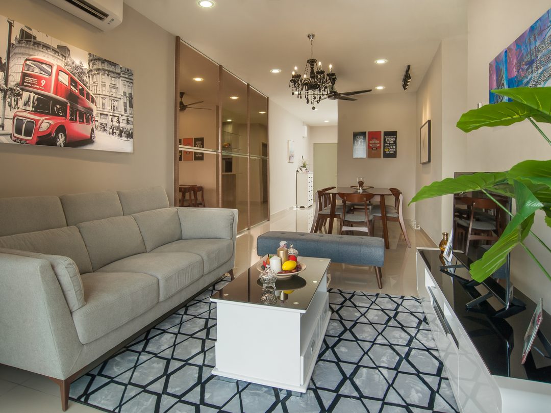Living room with patterned rug and compact sofa