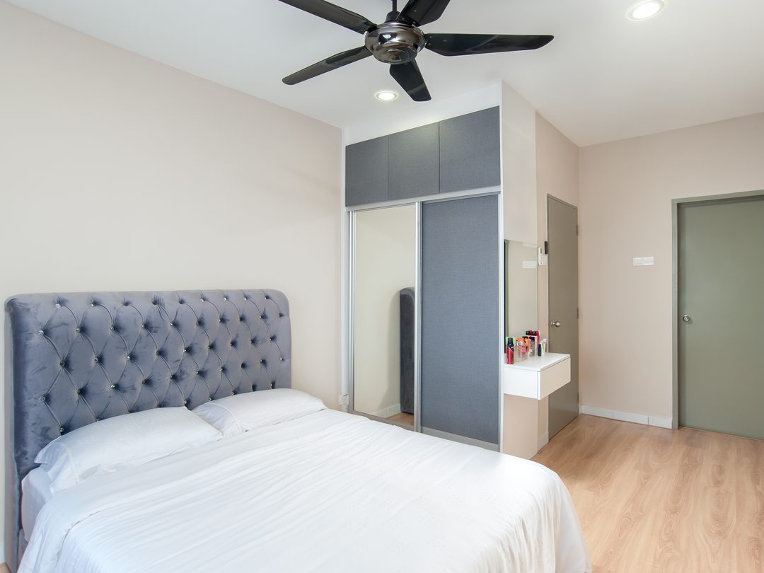 Master bedroom with upholstered headboard