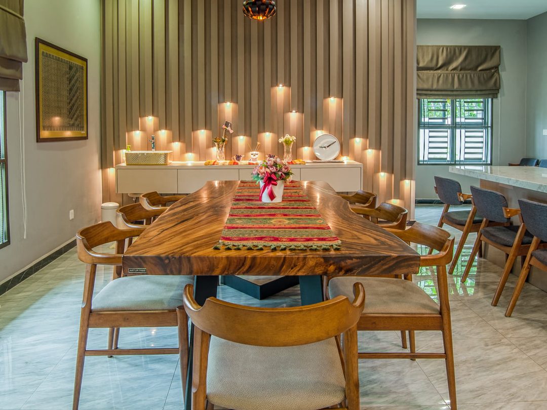 Dining room with solid timber table and sculptural pendant