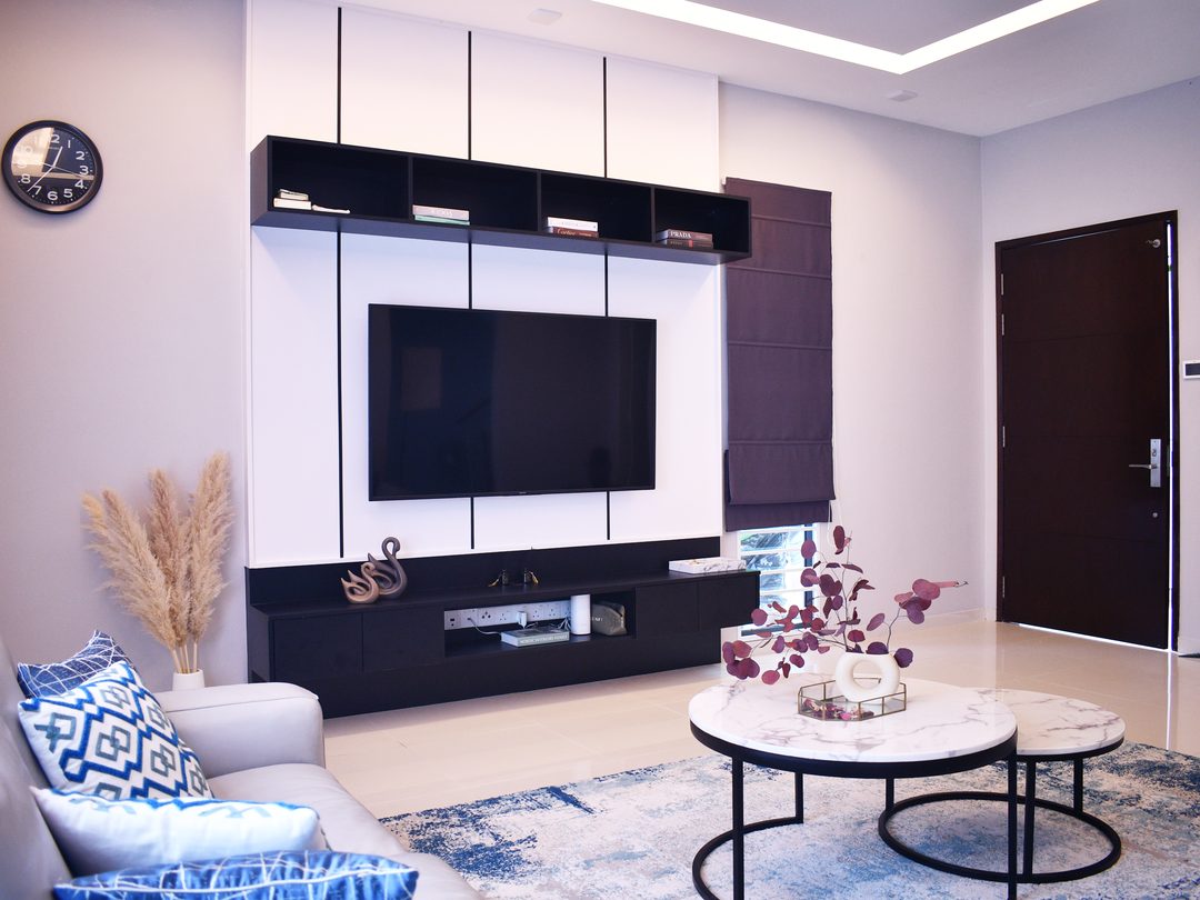 Living room with panelled media wall and marble coffee table, Saujana Impian