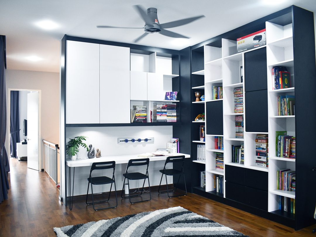 Study corner with open shelving and workspace