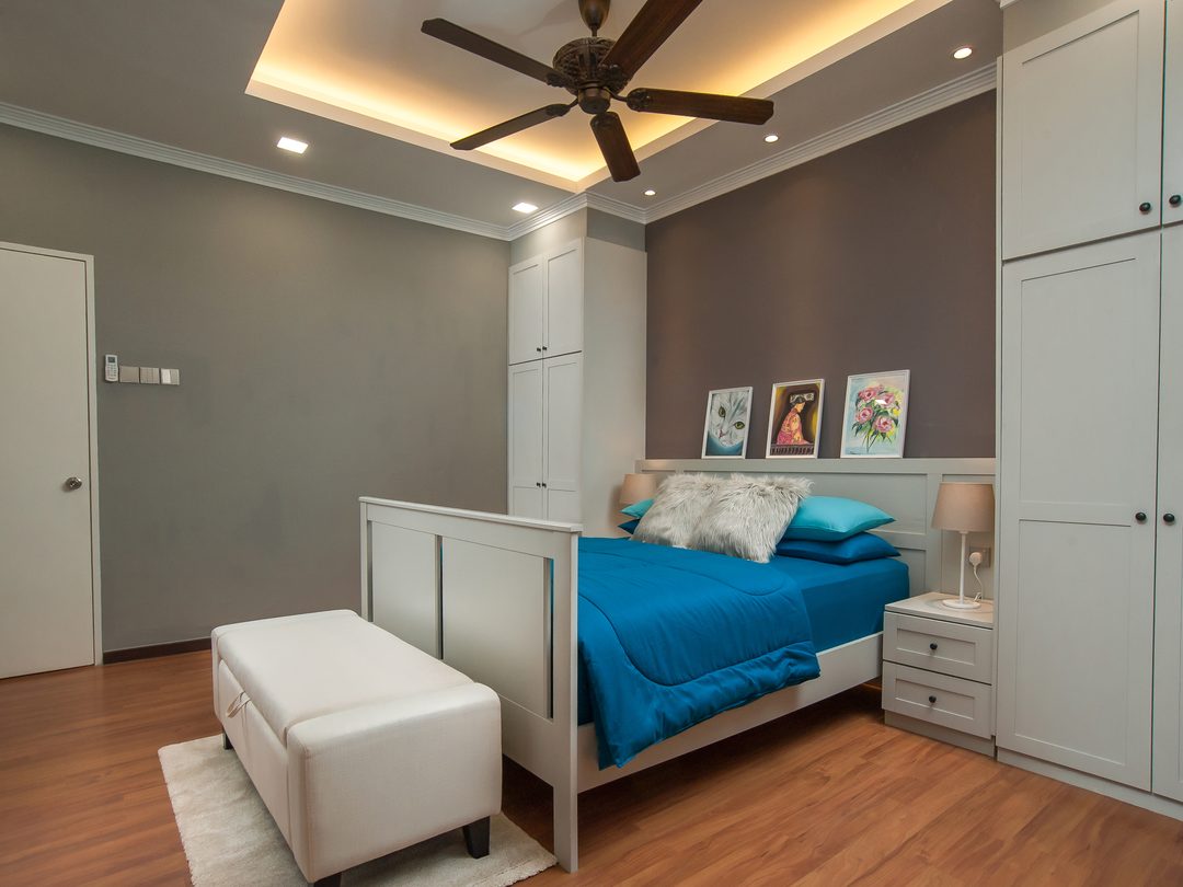 Master bedroom with cornice ceiling and blackout drapes