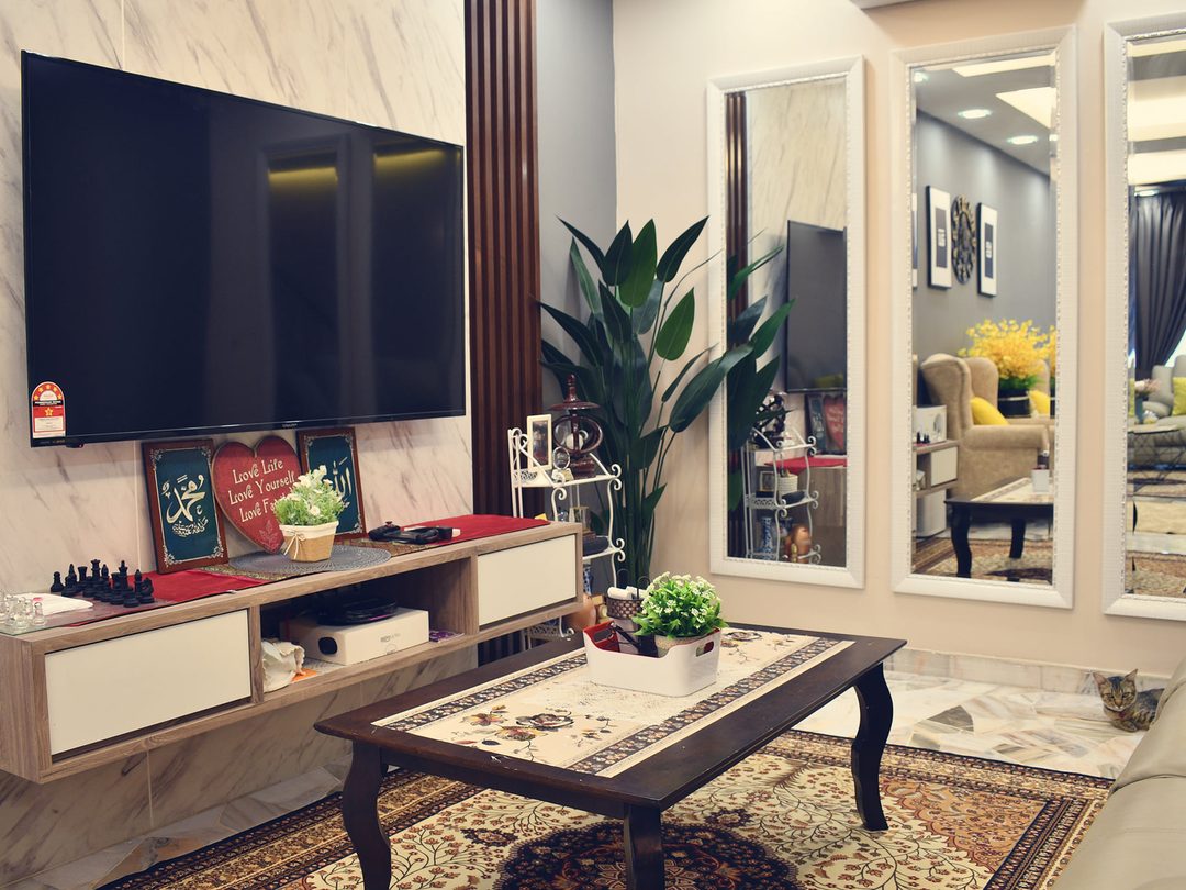 Media console in timber and white