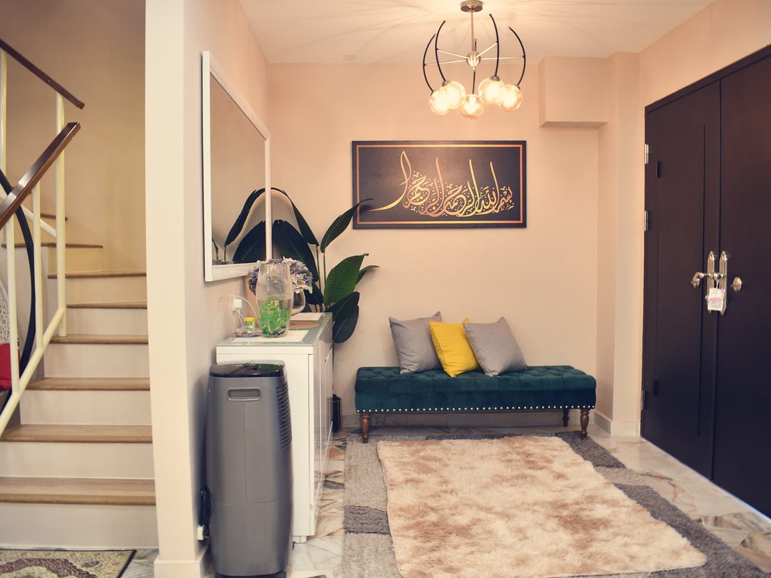 Reading corner with teal bench and pendant light