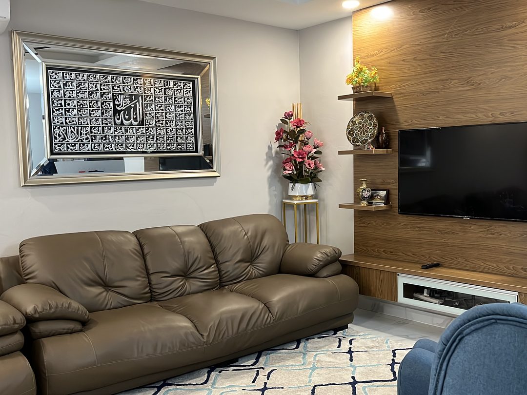 Living room with timber media wall and leather sofa, SS14, Subang Jaya