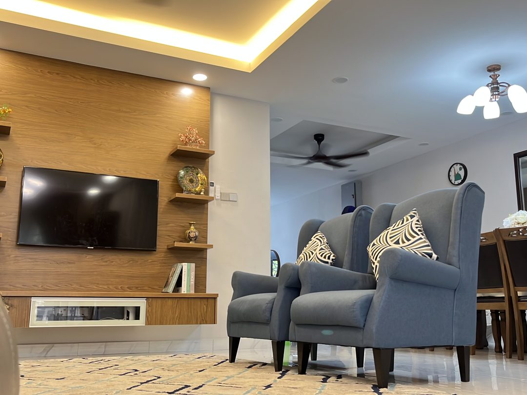 Wing chairs against a timber feature wall