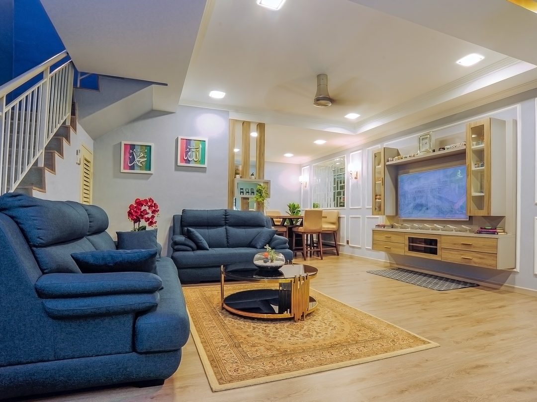Living hall with mirrored feature wall and navy sofa, Taman Sutera, Kajang