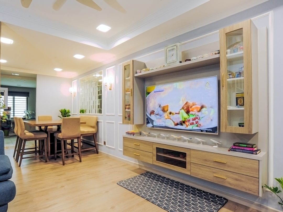 Family hall with media wall and display cabinets