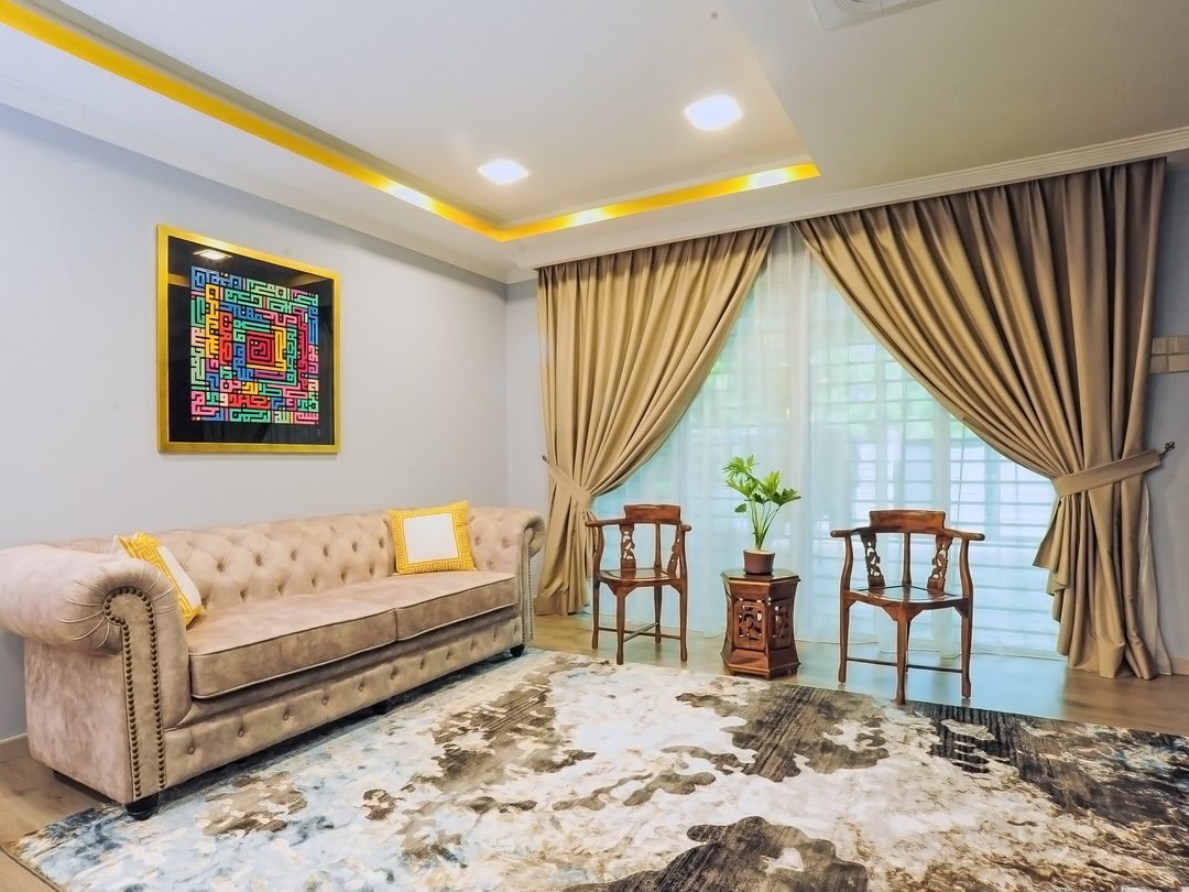 Lounge with tufted sofa and patterned rug