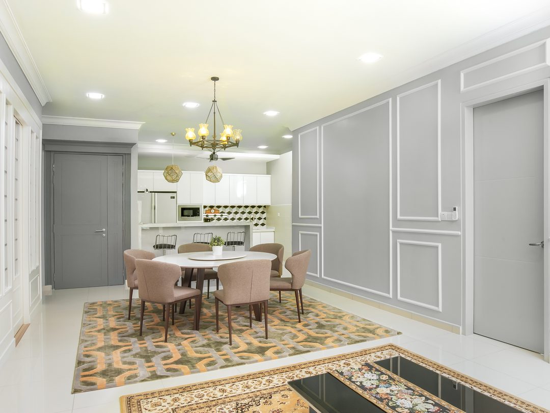 Open dining and kitchen with mirrored panelling