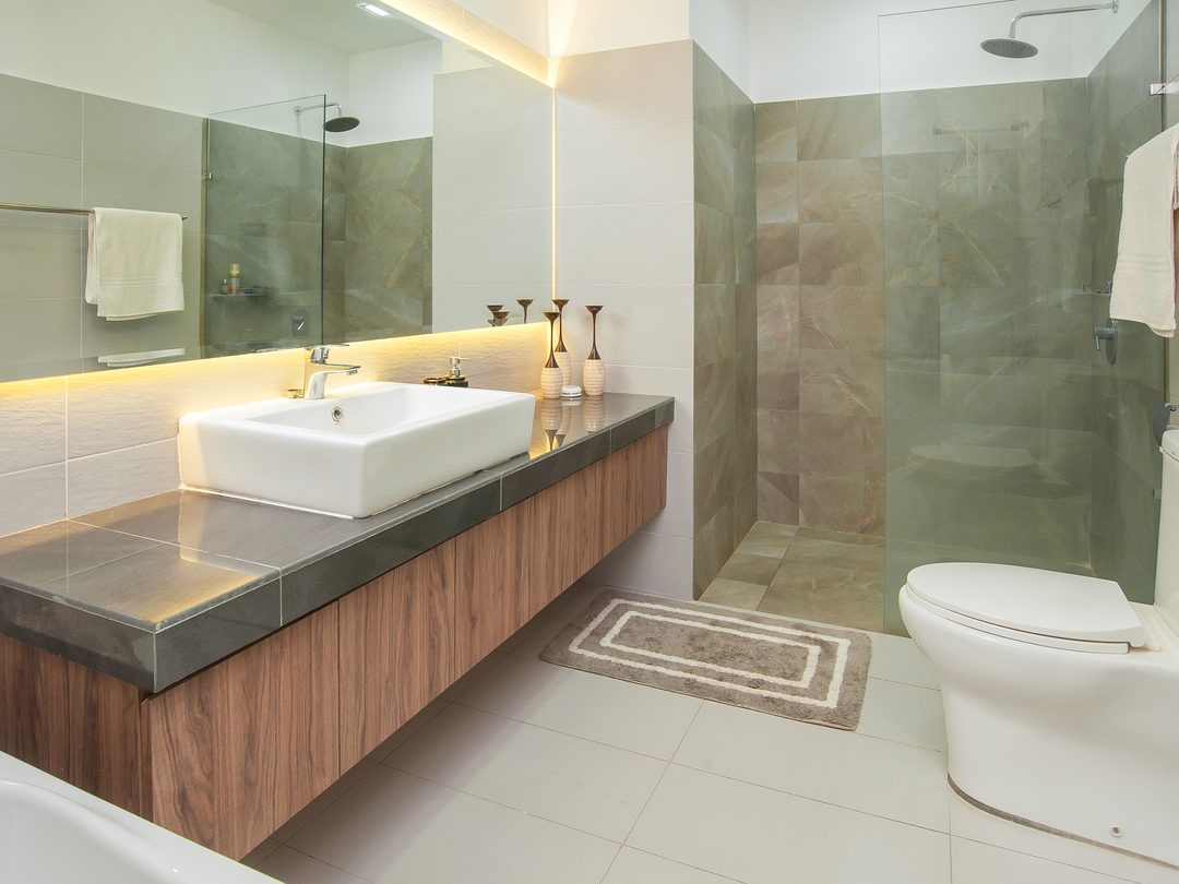 Bathroom with floating timber vanity